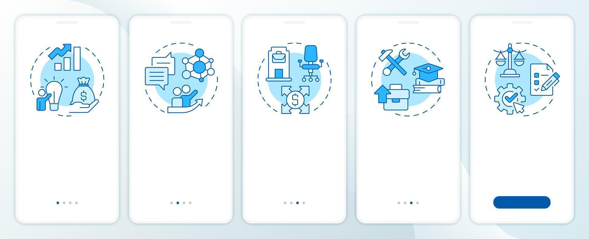 Business incubators advantages blue onboarding mobile app screen. Walkthrough 5 steps editable graphic instructions with linear concepts. UI, UX, GUI vector