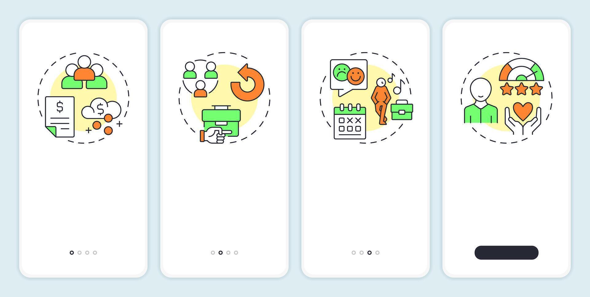 Performance and engagement onboarding mobile app screen. HR management. Walkthrough 4 steps editable graphic instructions with linear concepts. UI, UX, GUI vector