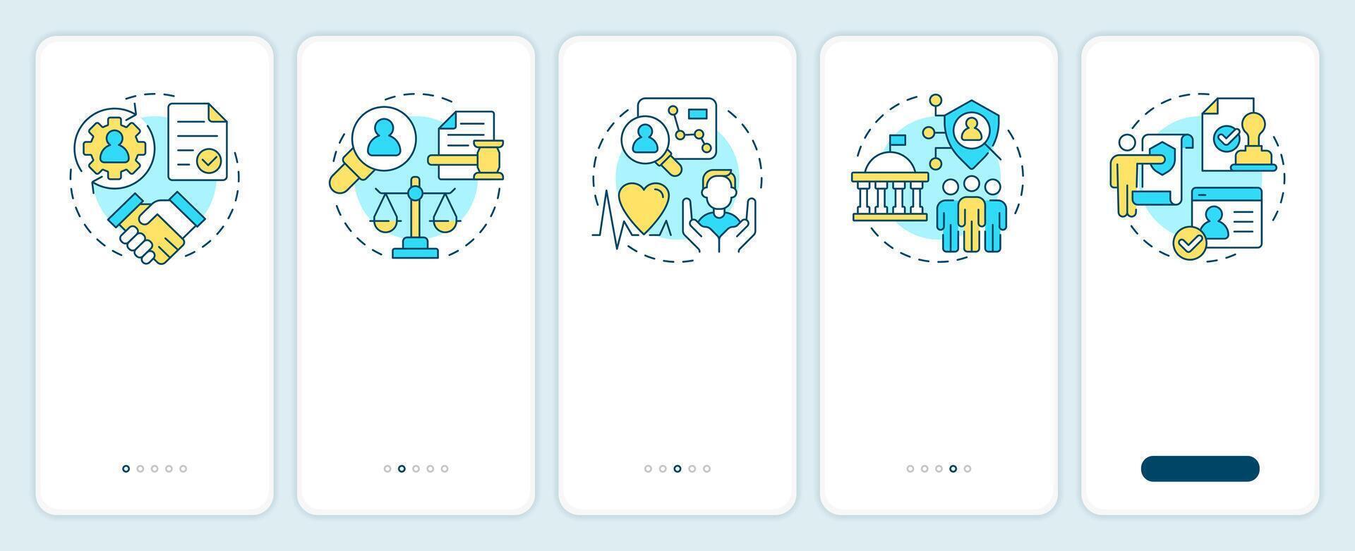 Legal bases onboarding mobile app screen. Processing personal data. Walkthrough 5 steps editable graphic instructions with linear concepts. UI, UX, GUI vector