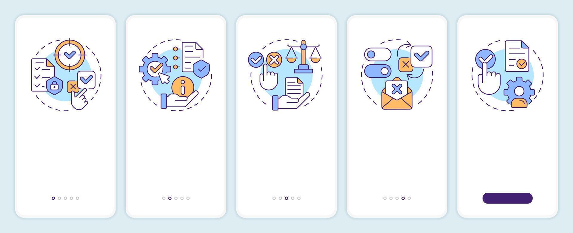 GDPR consent principles onboarding mobile app screen. Privacy protection. Walkthrough 5 steps editable graphic instructions with linear concepts. UI, UX, GUI vector