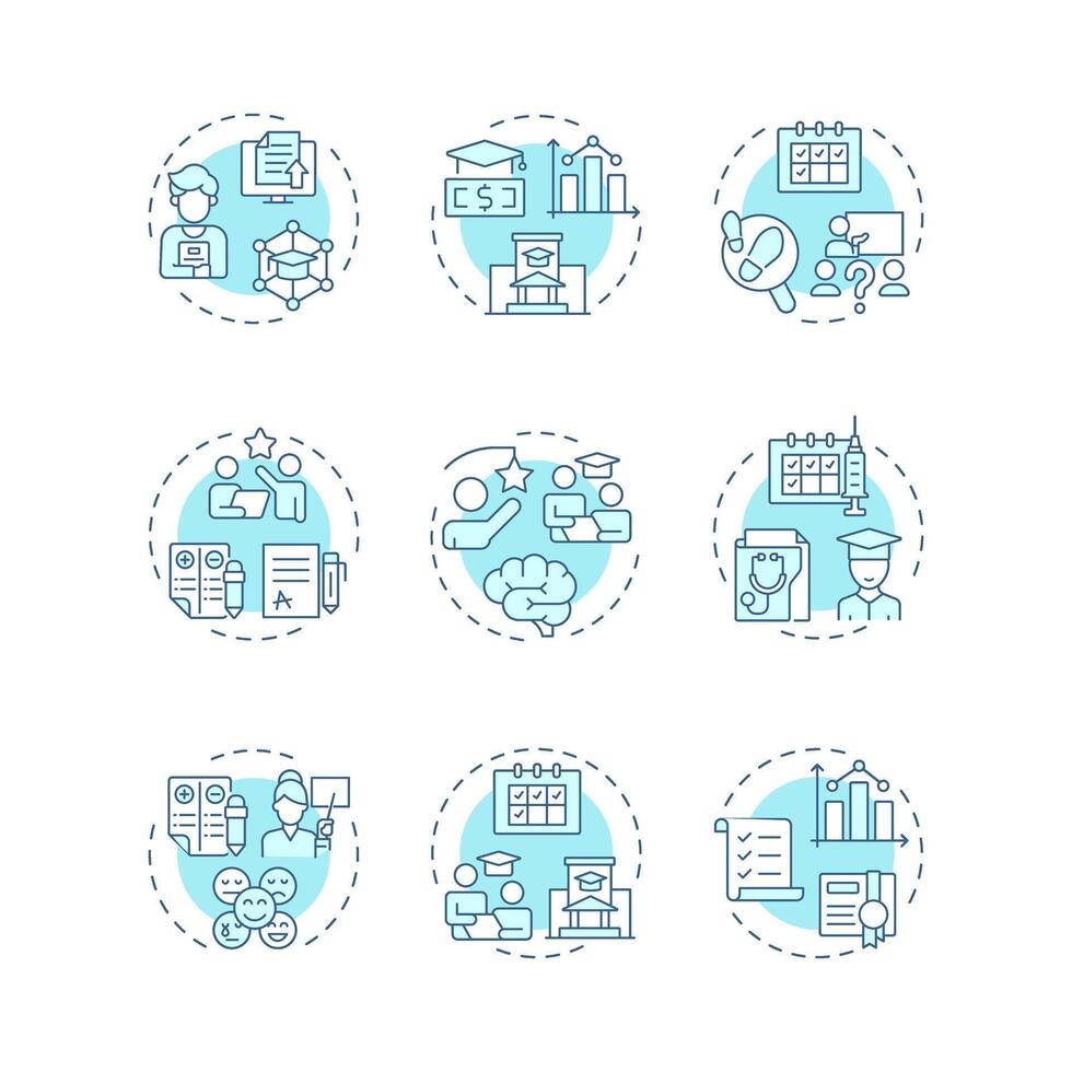 Student information systems soft blue concept icons. Grades management. Teaching, coaching. Icon pack. Round shape illustrations for article, infographic. Abstract idea vector