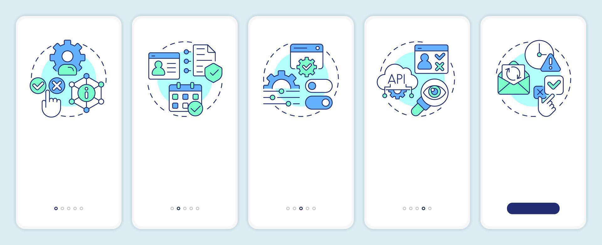 Consent lifecycle management onboarding mobile app screen. Digital data. Walkthrough 5 steps editable graphic instructions with linear concepts. UI, UX, GUI vector