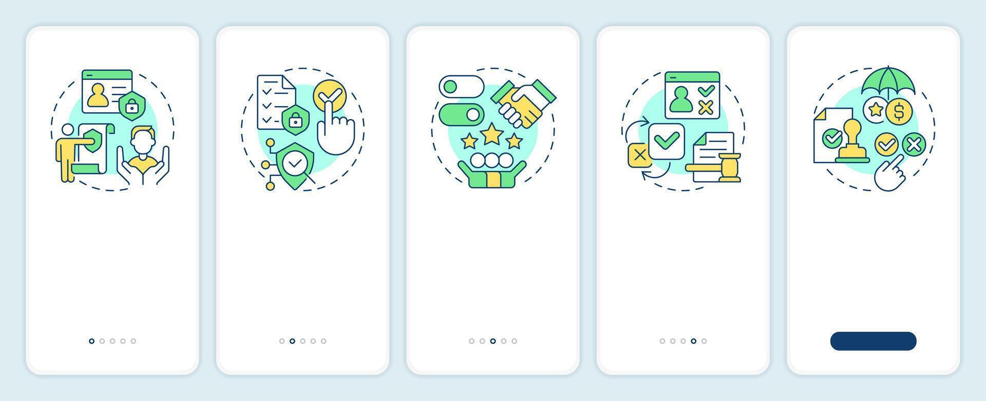 Benefits of consent management onboarding mobile app screen. Walkthrough 5 steps editable graphic instructions with linear concepts. UI, UX, GUI vector
