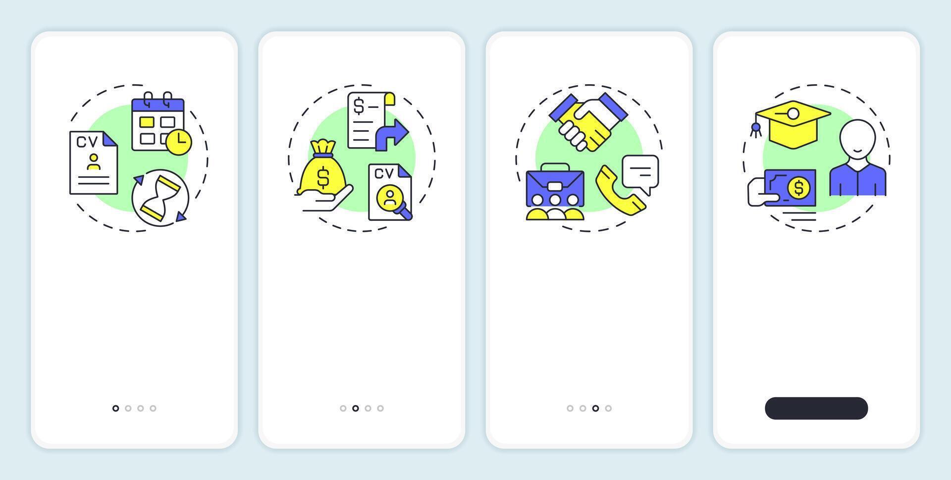 Hiring metrics onboarding mobile app screen. Employment analytics. Walkthrough 4 steps editable graphic instructions with linear concepts. UI, UX, GUI vector