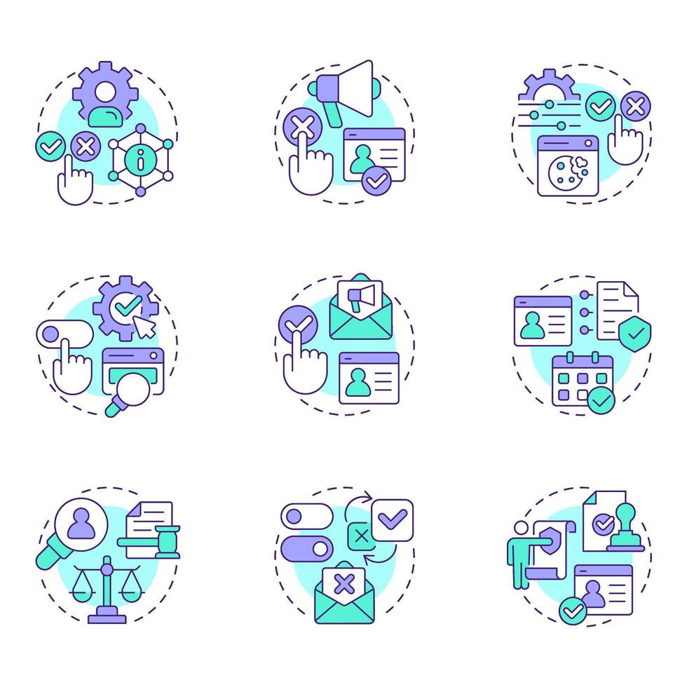 Consent management multi color concept icons. User agreement to process personal data. Web site cookies policy. Icon pack. Round shape illustrations for presentation. Abstract idea vector