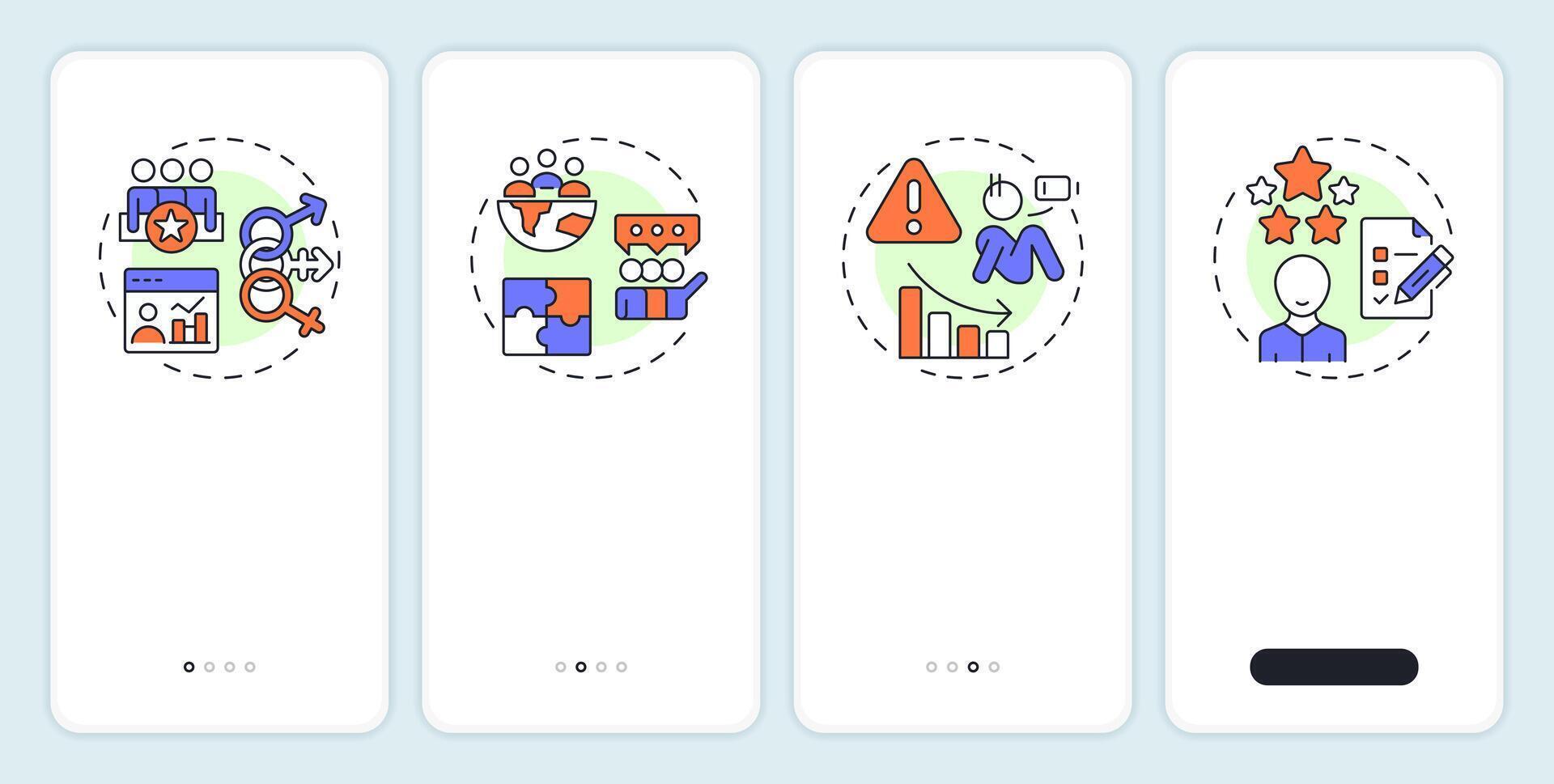 Workforce insights onboarding mobile app screen. HR analytics. Walkthrough 4 steps editable graphic instructions with linear concepts. UI, UX, GUI vector