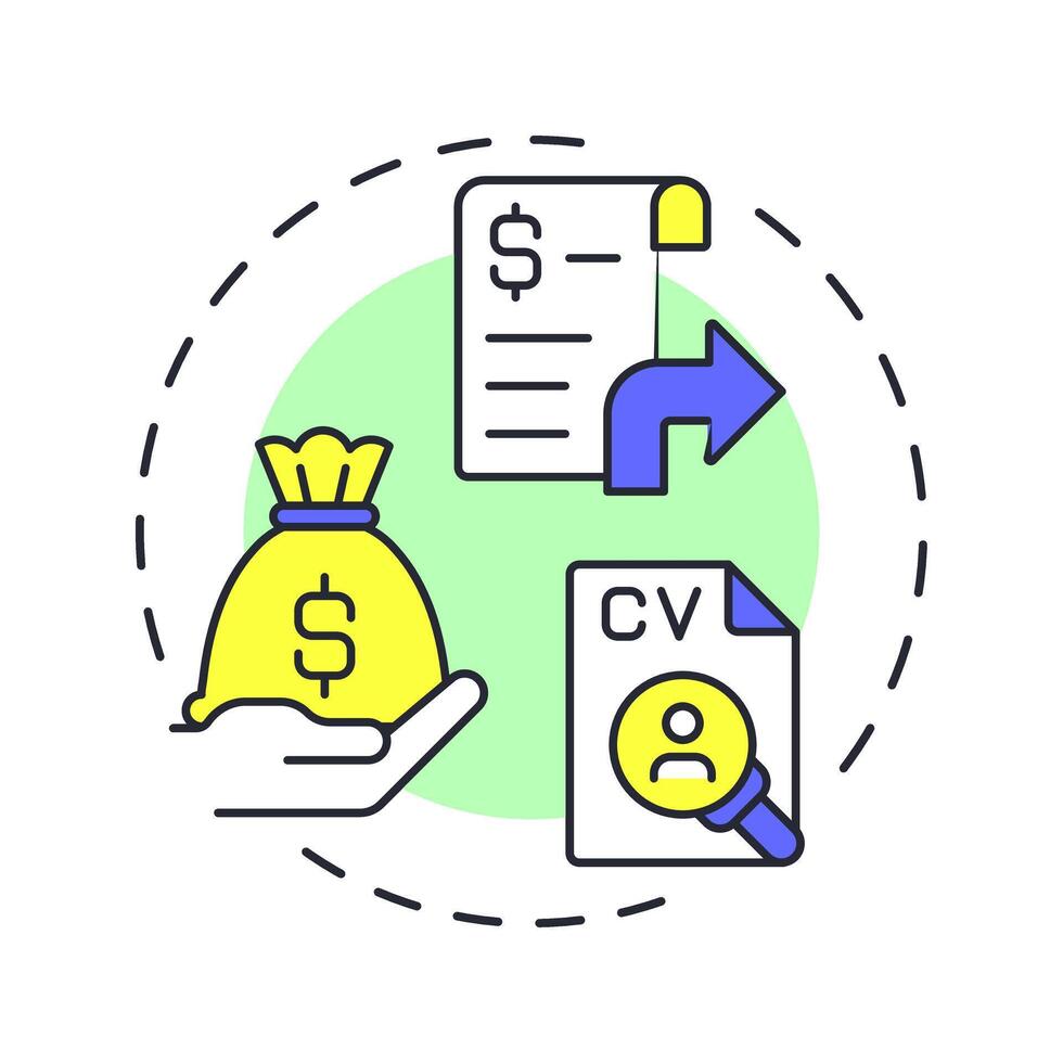 Cost per hire multi color concept icon. Measuring total recruitment expenses. Hiring metric. Corporate employment. Round shape line illustration. Abstract idea. Graphic design. Easy to use blog post vector