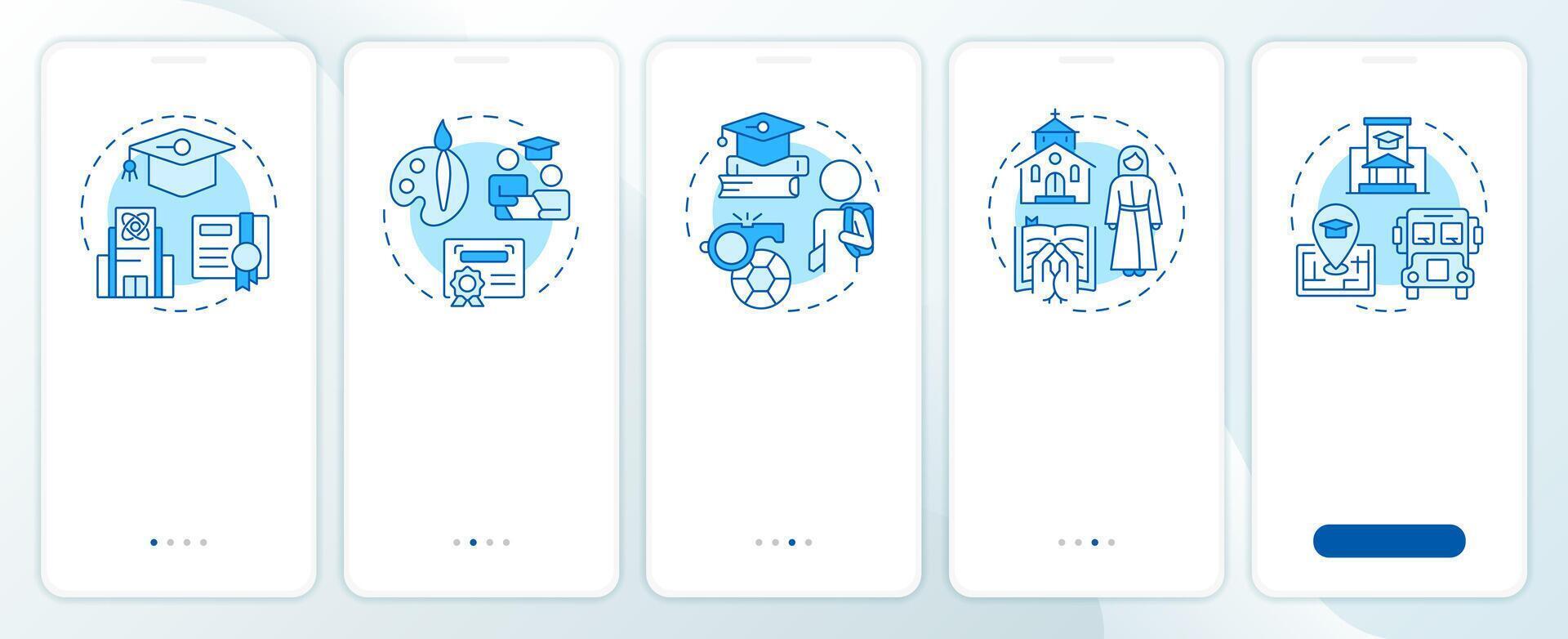 Educational organizations blue onboarding mobile app screen. Walkthrough 5 steps editable graphic instructions with linear concepts. UI, UX, GUI vector