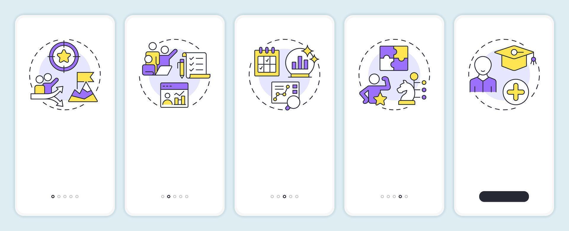 Workforce forecasting onboarding mobile app screen. HR strategy. Walkthrough 5 steps editable graphic instructions with linear concepts. UI, UX, GUI vector