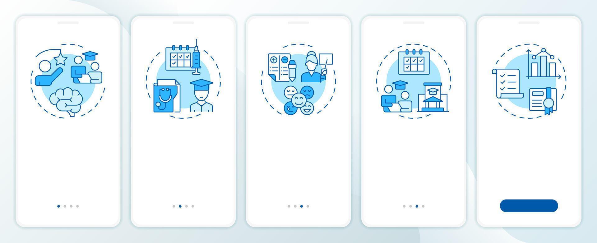 Student management systems blue onboarding mobile app screen. Walkthrough 5 steps editable graphic instructions with linear concepts. UI, UX, GUI vector