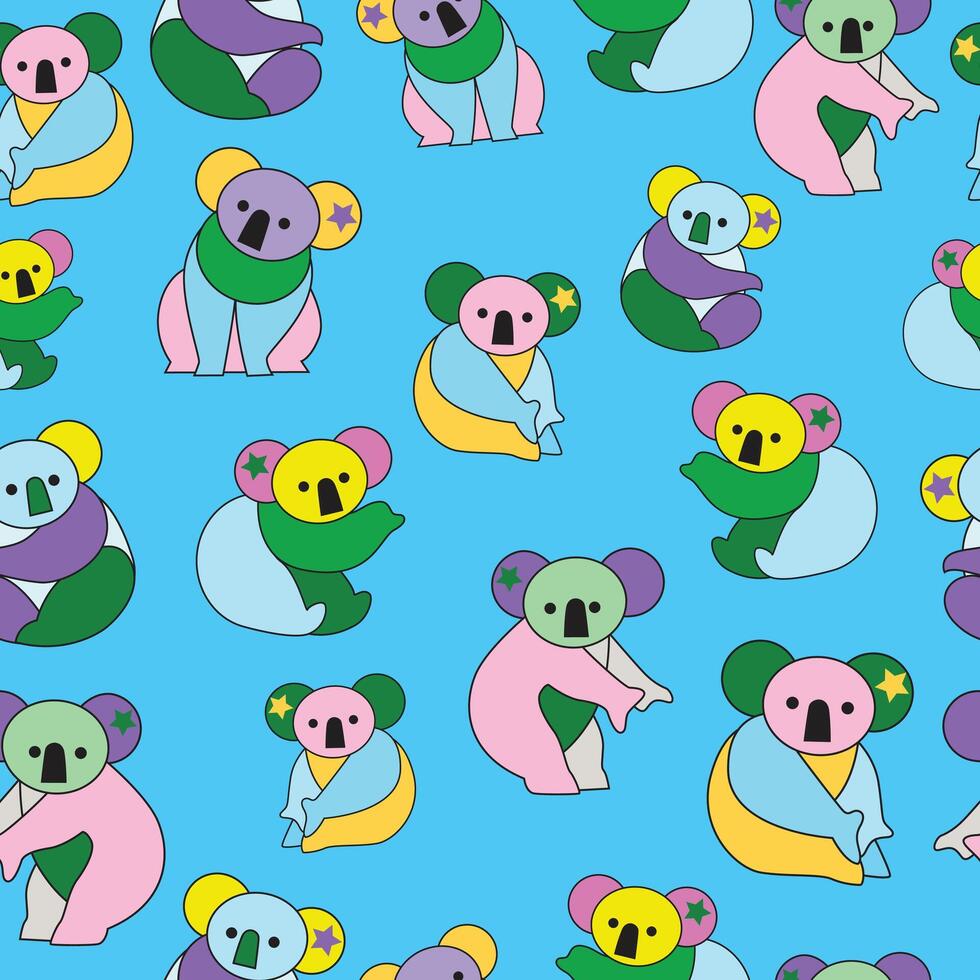 Colorful koala bear pattern on blue background. Seamless pattern background. vector
