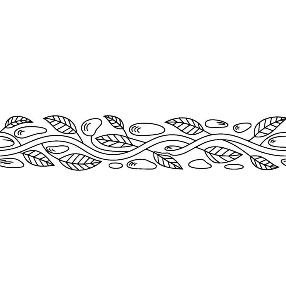 Minimalist Line Art Border Leaves and Stones, Black on White vector