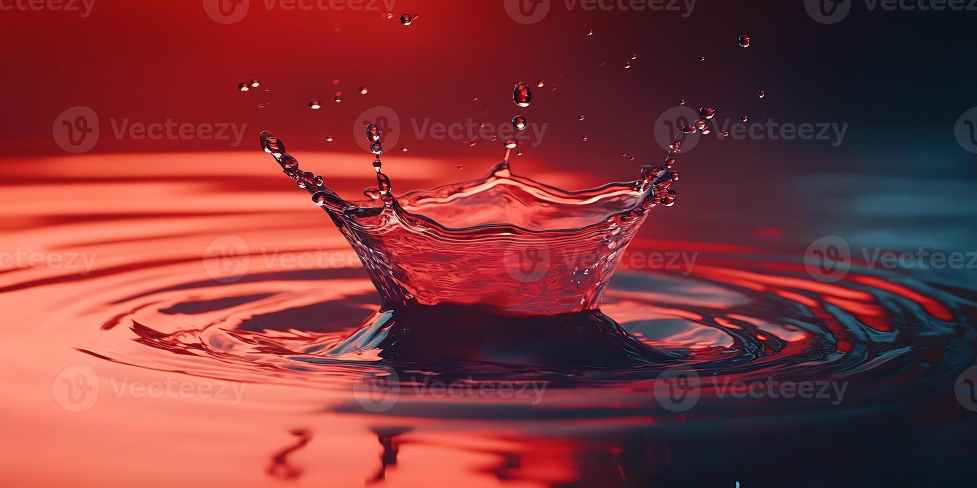 Liquid splash with droplets in red and blue light setting photo