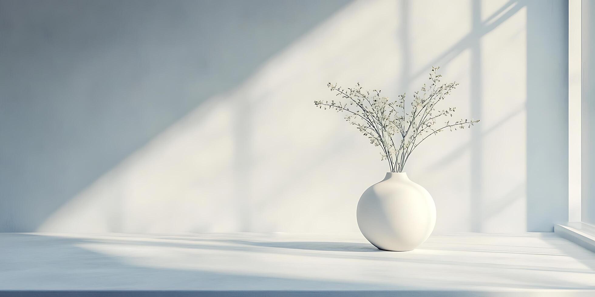 Minimalist scene of vase with branches in bright sunlight room photo