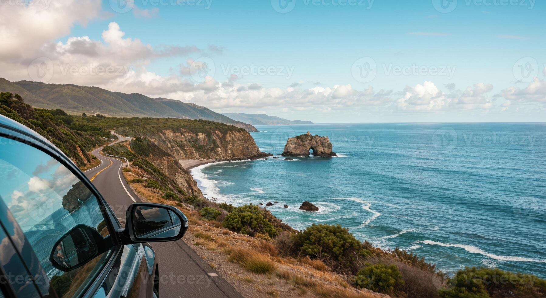 Coastal highway car travel offers scenic ocean views. Inspiring scenic route adventure photo