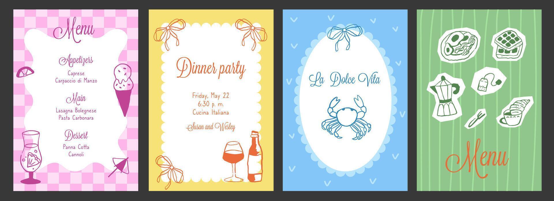 Set template with doodle italian cuisine on striped background. Hand draw la dolce vita food doodles. Flier for invitations, menus design vector