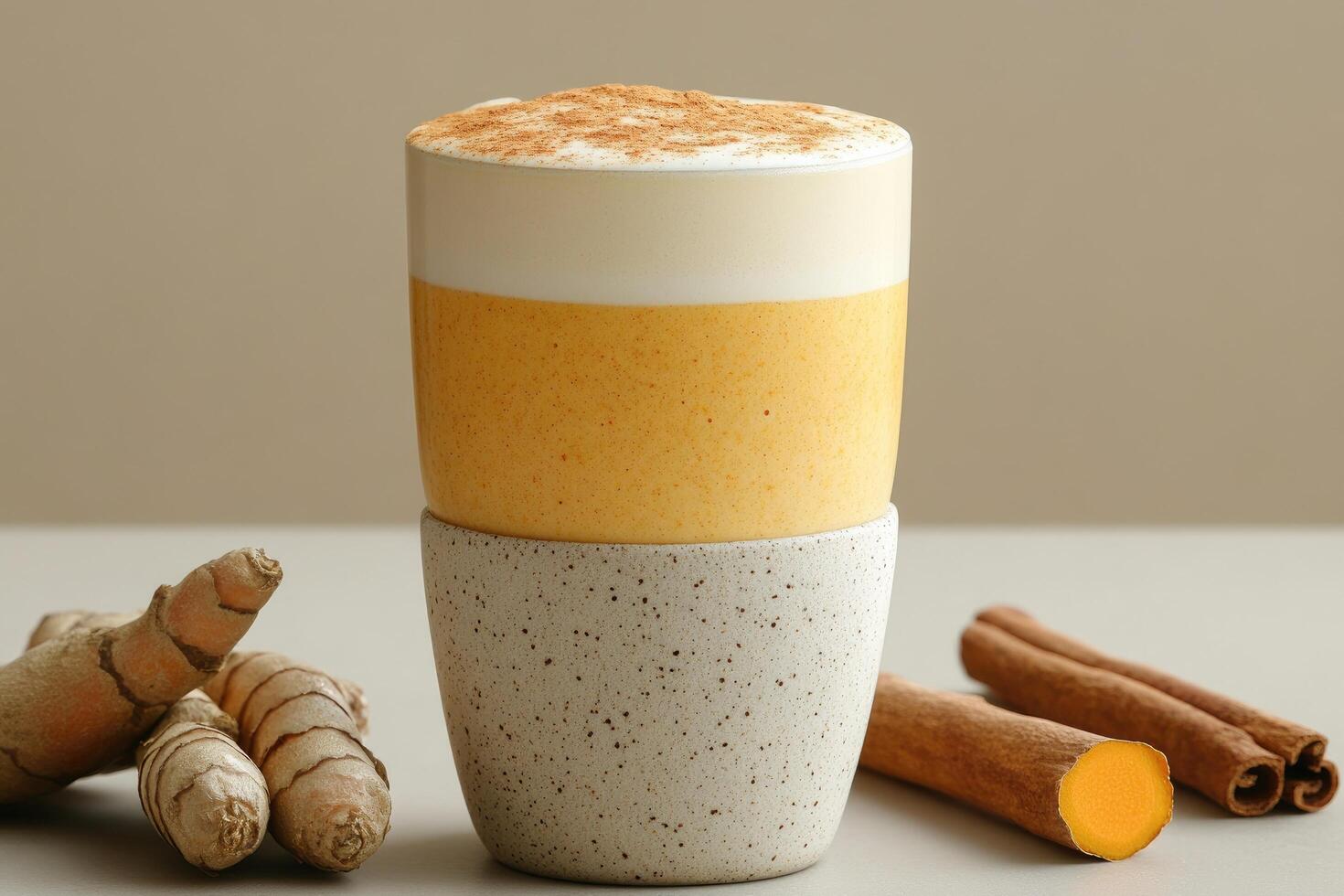 Golden turmeric latte with frothed plant milk and spices in a minimalist setting photo