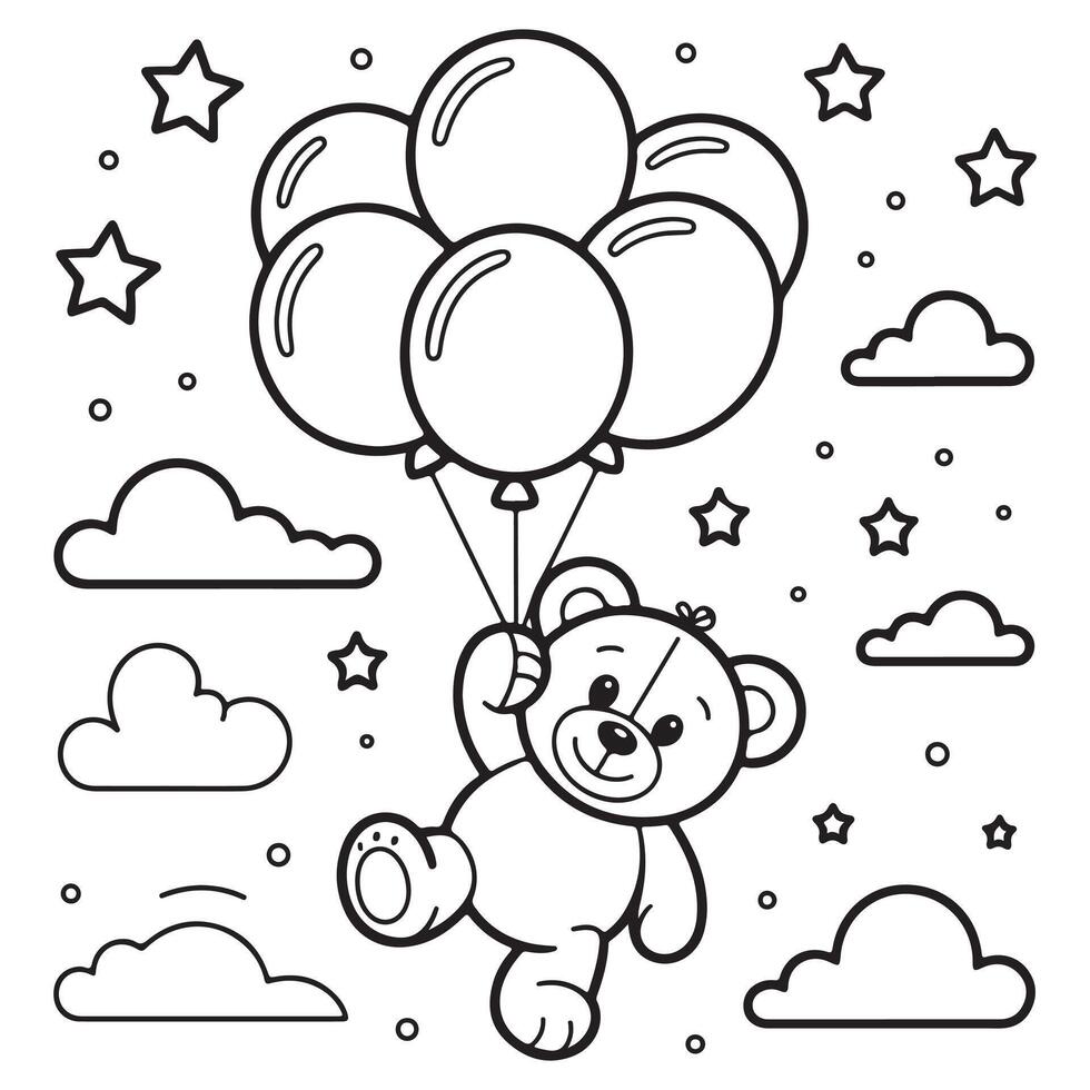 Cute Teddy Bear Floating with Balloons in the Sky Coloring Page vector