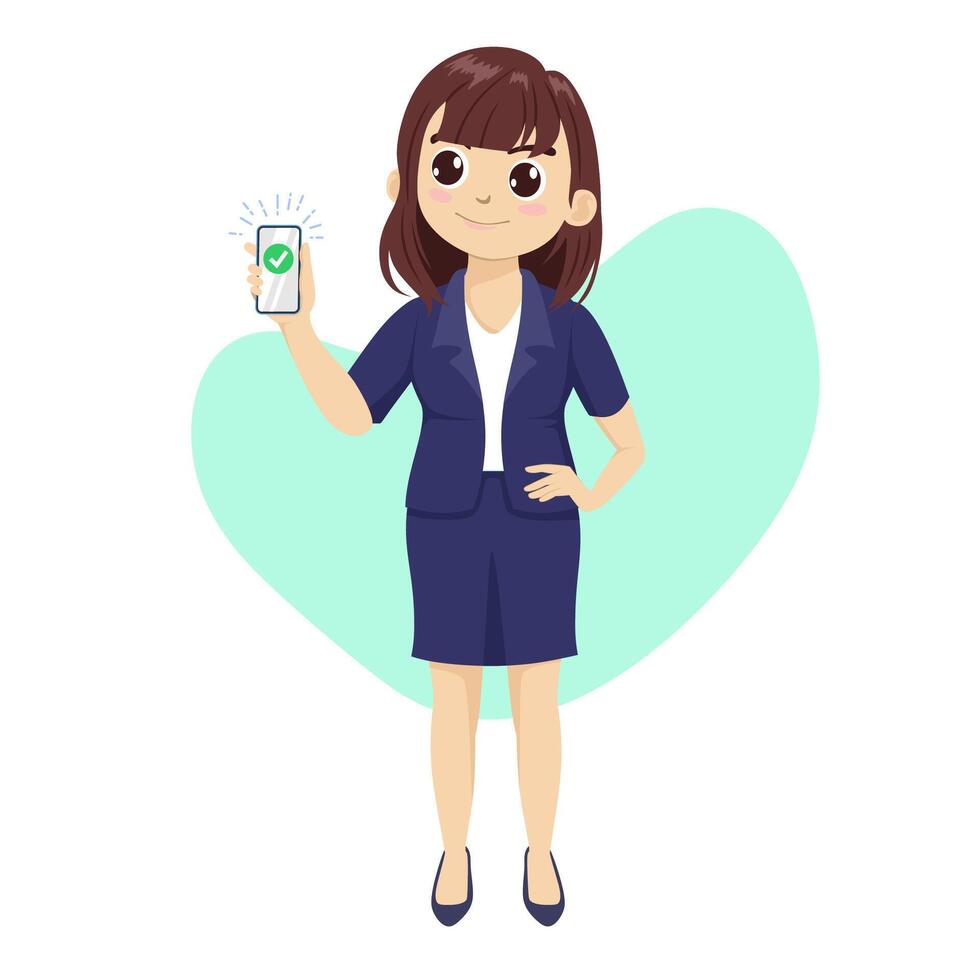 A cute business woman holds a phone in her hand. The woman shows a check mark or an approve sign symbol on the phone and smiles. vector