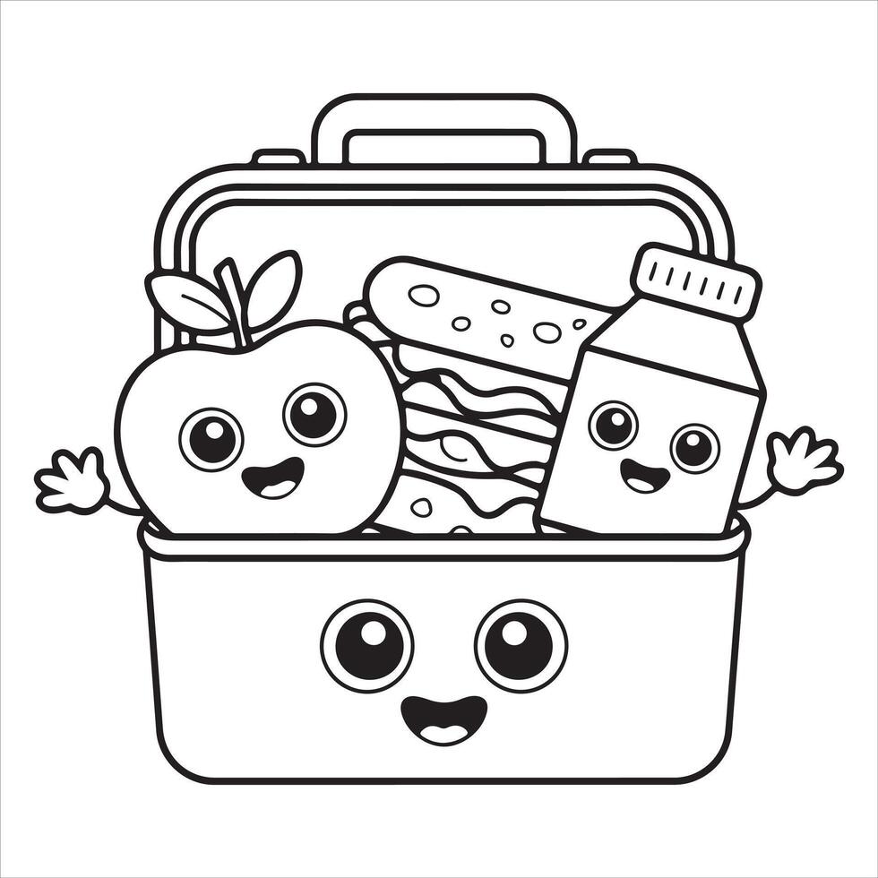 Happy Lunchbox and Food Friends Coloring Page for Kids vector
