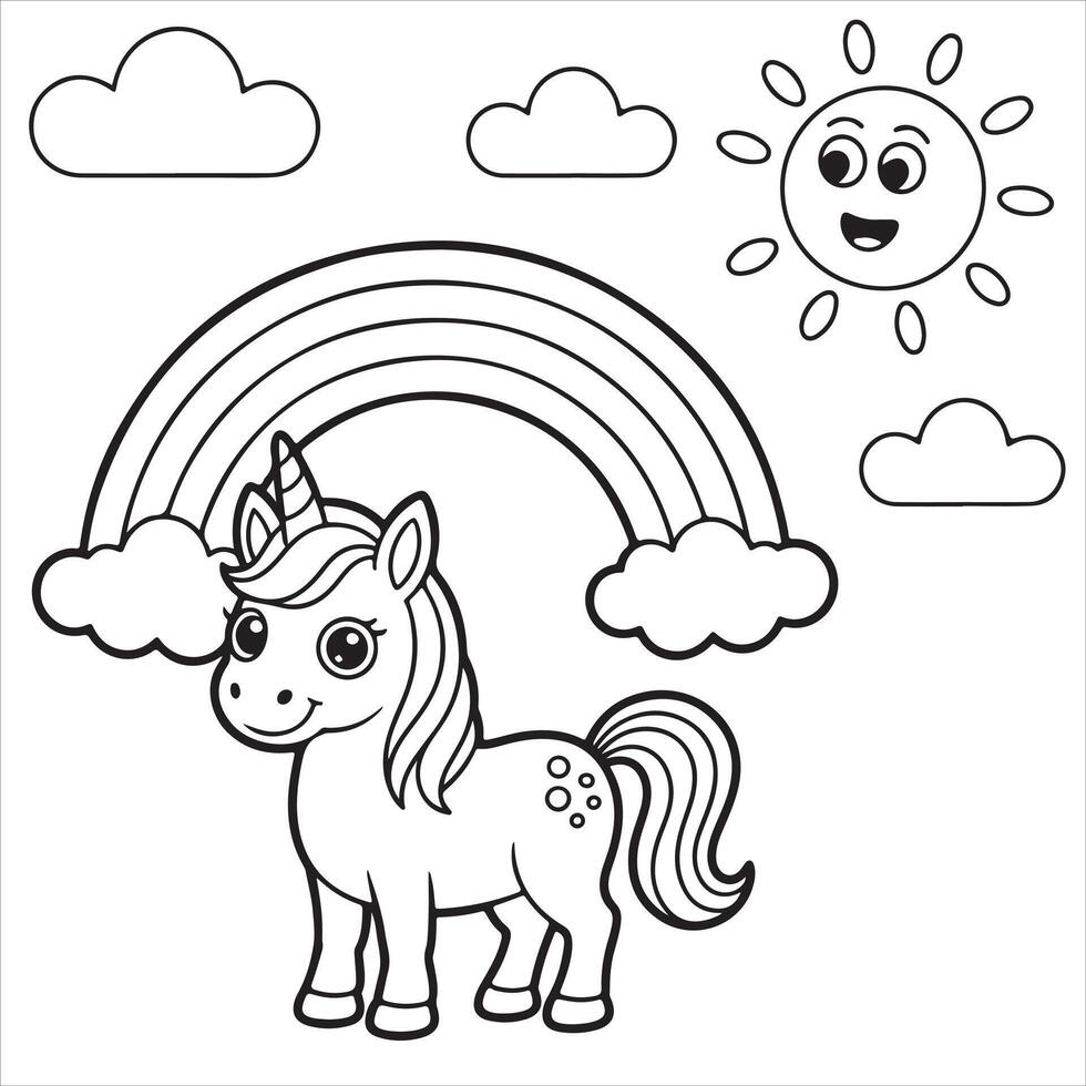 Cute Unicorn Under Rainbow Coloring Page for Kids vector