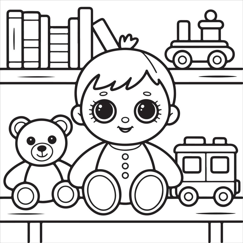 Cute Toy Shelf with Doll and Teddy Bear Coloring Page for Kids vector