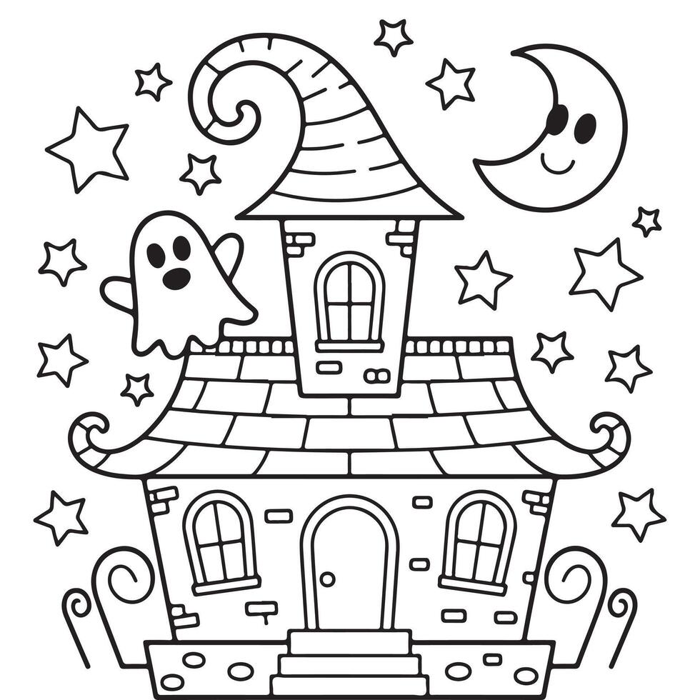 Spooky Haunted House with Friendly Ghost and Moon Coloring Page vector