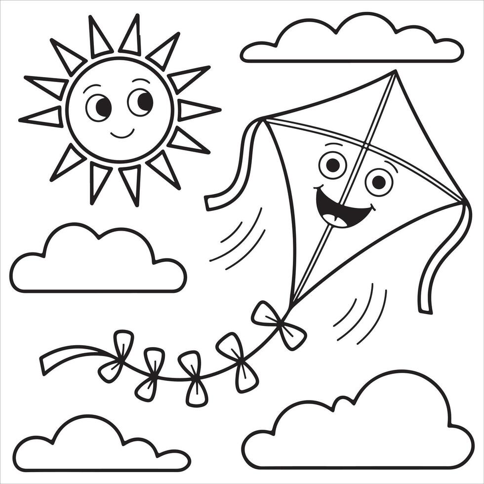 Smiling Sun and Happy Kite Coloring Page for Kids vector