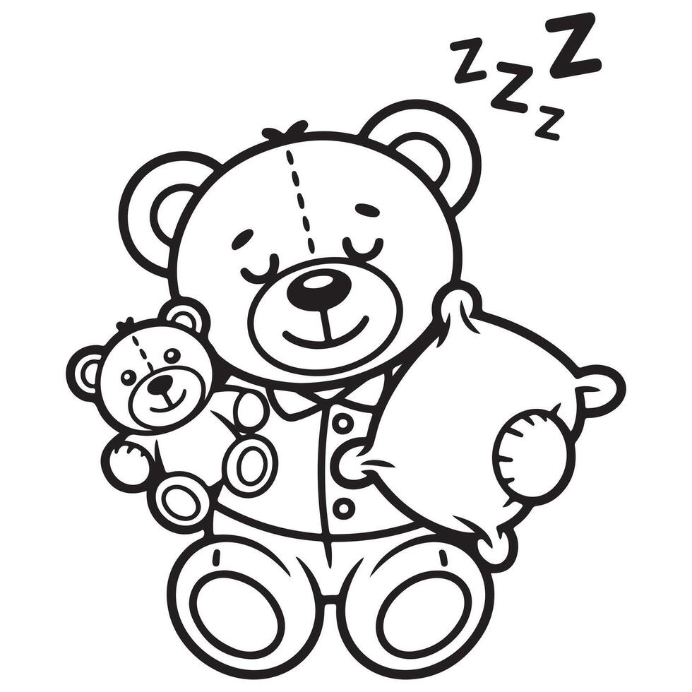 Cute Sleeping Teddy Bear with Pajamas and Pillow Coloring Page vector