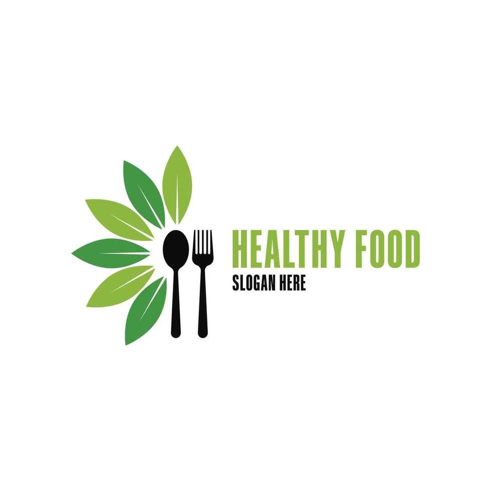 healthy food logo design concept with leaf, sppon and fork icon vector