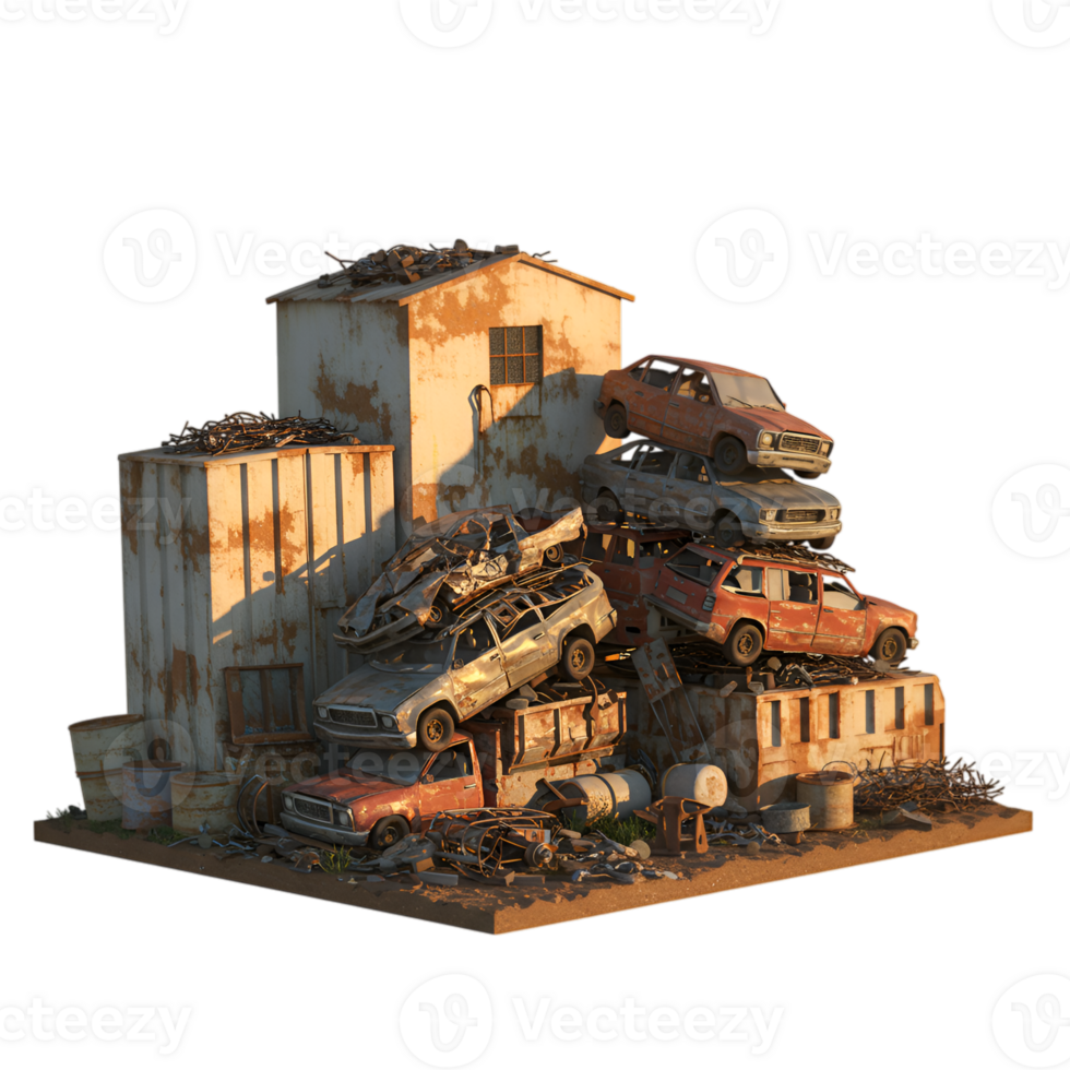 Isometric View of a Decaying Automotive Graveyard with Crushed Vehicles png