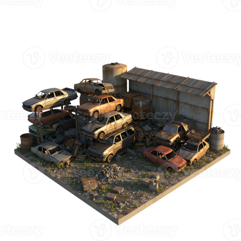 Isometric View of a Junkyard with Old Cars and Industrial Debris on a Transparent Background png