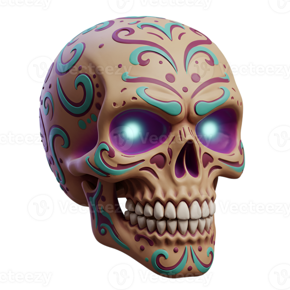 Intricate Decorative Skull with Glowing Eyes on Transparent Background png