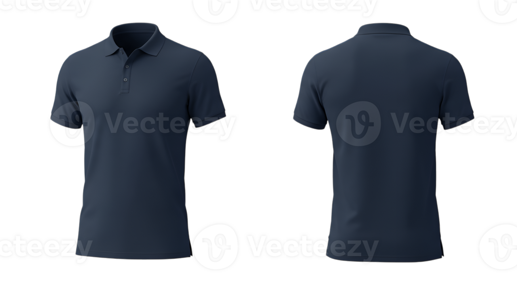 Realistic navy polo shirt with short sleeves showcasing front and back views on transparent background png