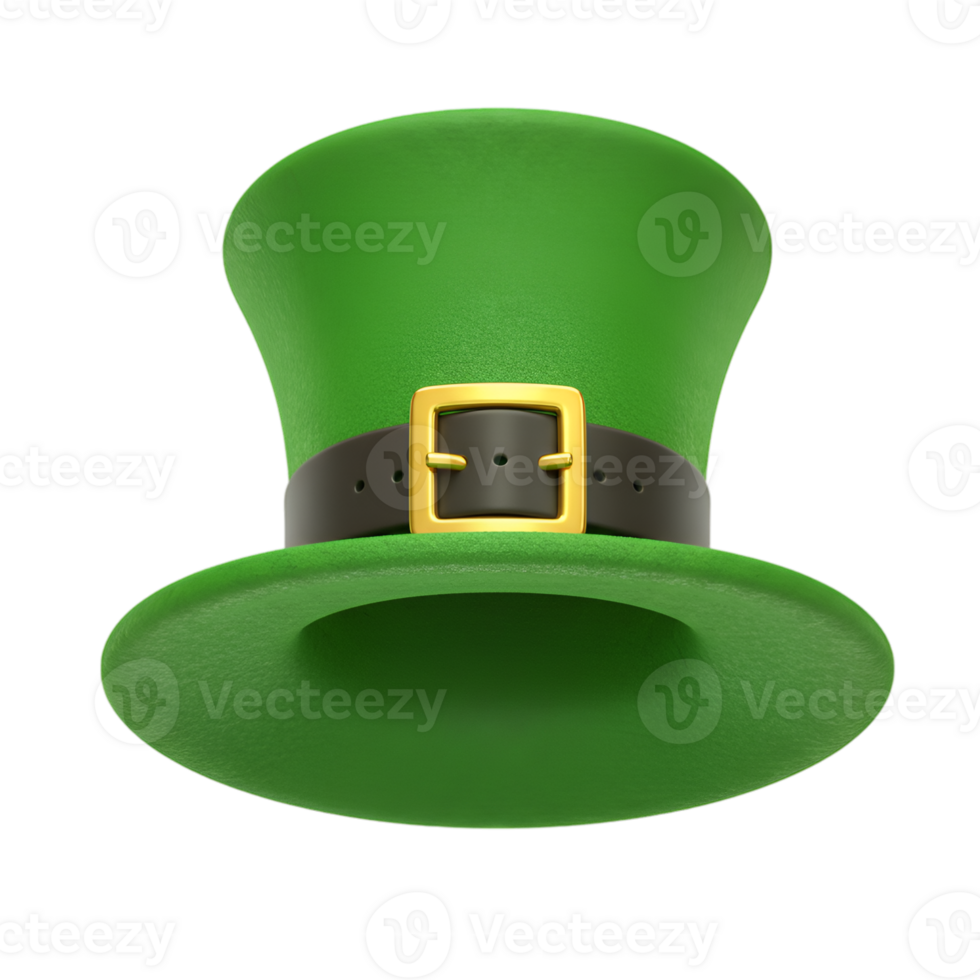 Isolated green leprechaun hat with belt and golden buckle, 3d rendering on a transparent background, Saint Patrick's Day png