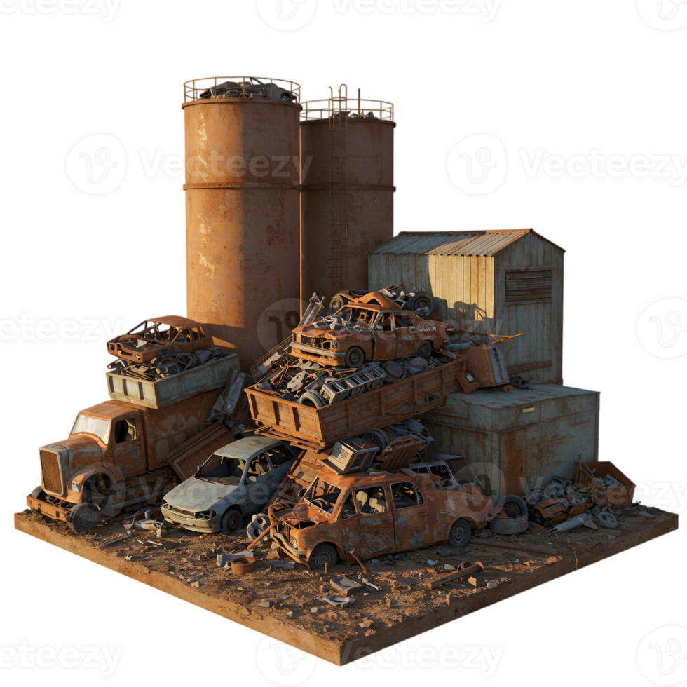Rusty junkyard with crashed and dismantled cars, storage tanks and warehouse in transparent background and worn out png