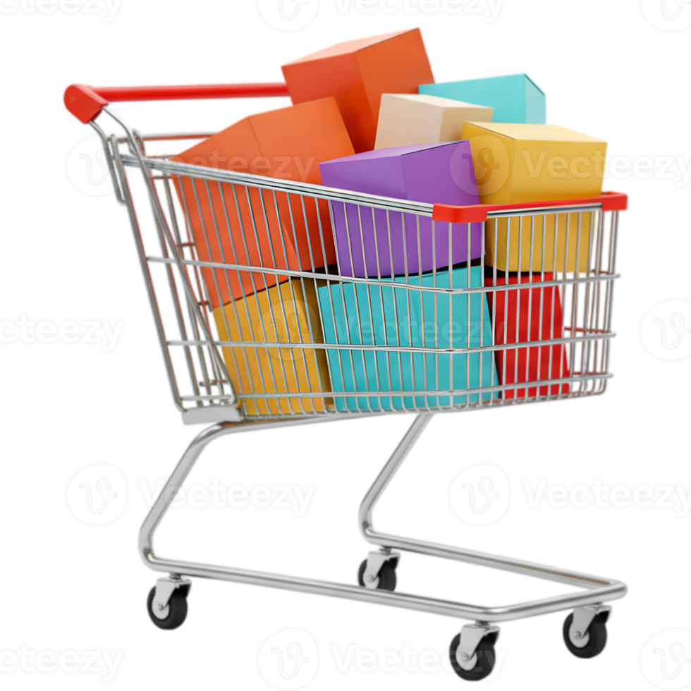 Shopping Cart Overflowing with Colorful Gift Boxes on Transparent Background png