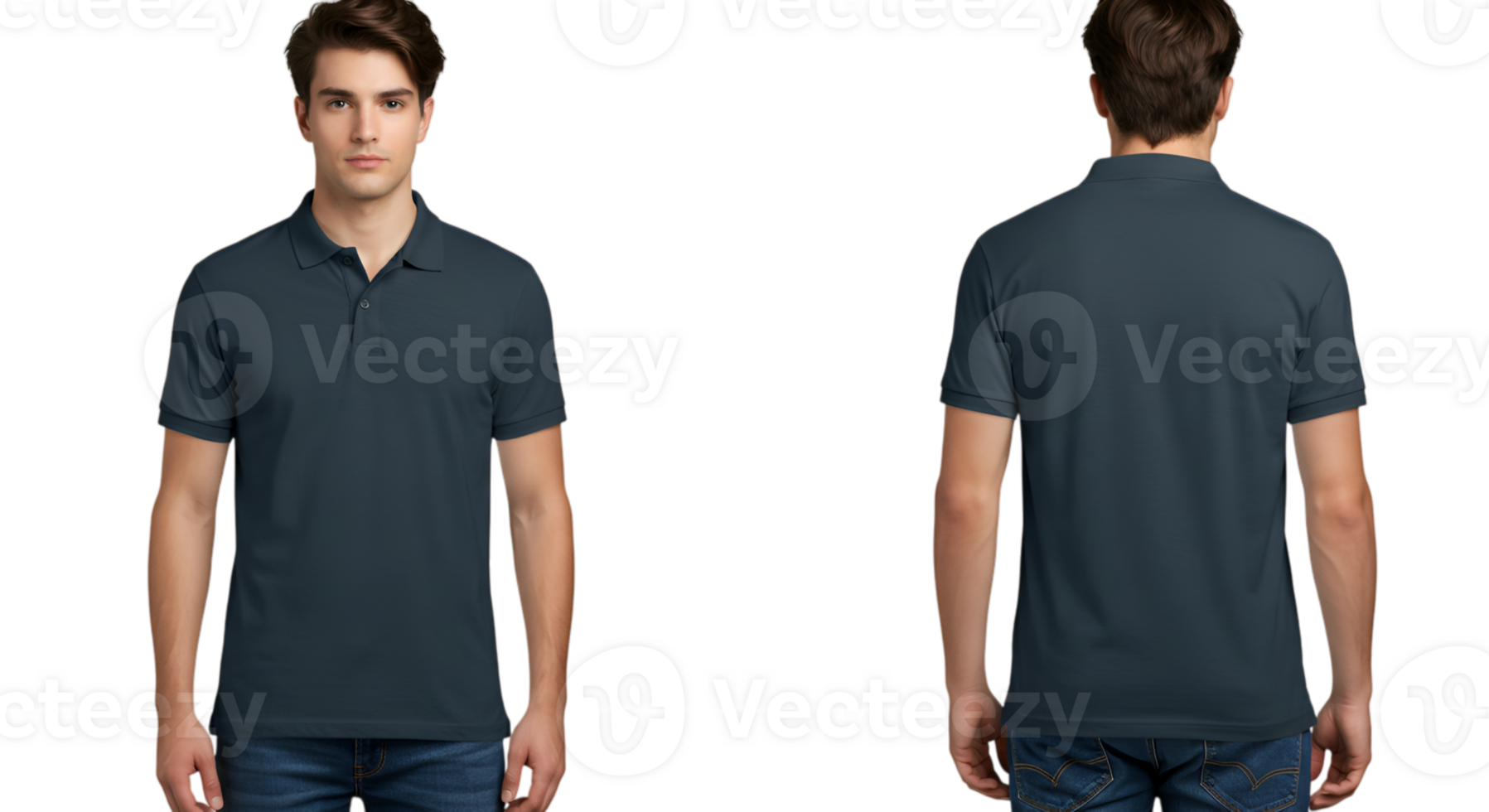 Realistic depiction of a man wearing a dark blue polo shirt with transparent background png