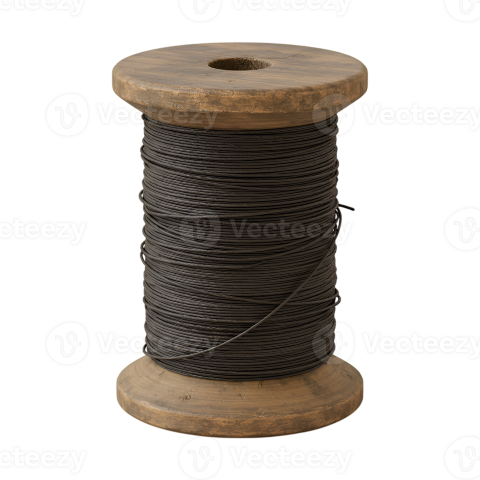 Vintage Wooden Spool of Dark Thread, Isolated on Transparent Background png