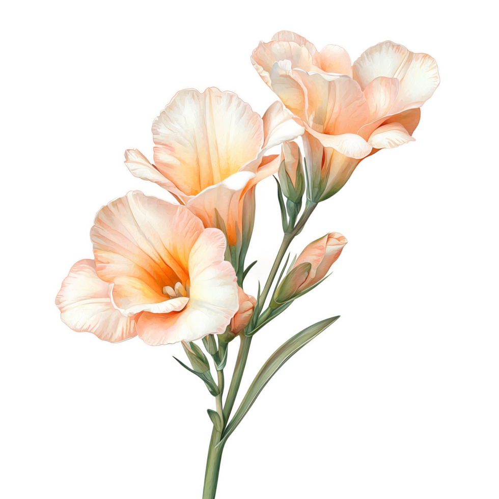 Delicate Peach Freesia Flowers with Soft Petals and Green Stem png