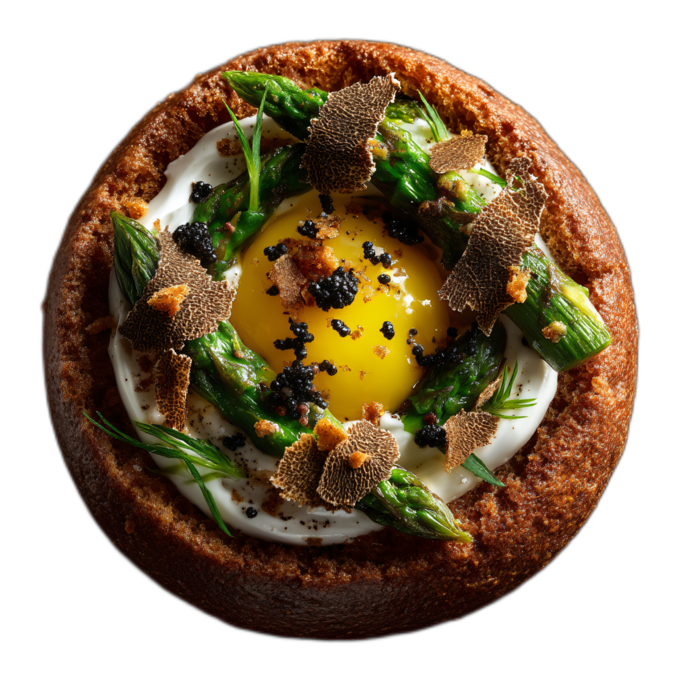 Exquisite Dish with Egg, Asparagus, Cream and Truffle Garnish png