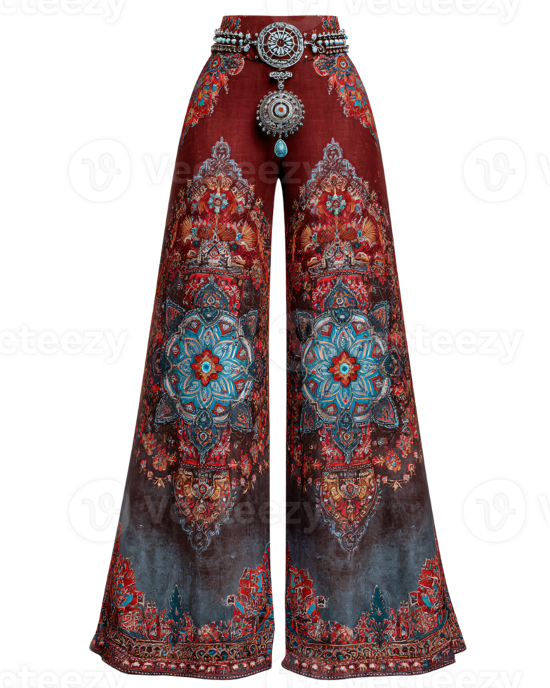Colorful Wide-Leg Pants with Intricate Floral and Geometric Patterns png