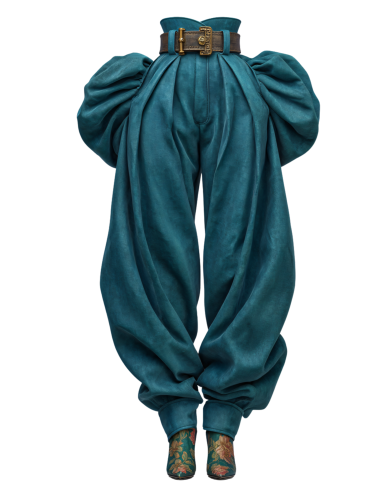 Stylish Teal Fashion Pants with Unique Puffed Design and Belt png