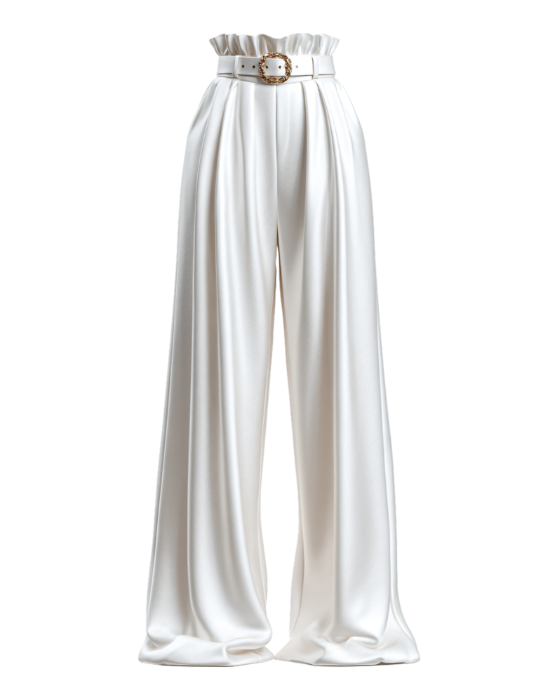 Elegant White High-Waisted Pants with Belt and Flowy Design png