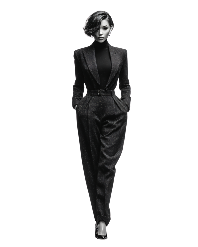 Elegant Woman in Tailored Black Suit Walking Confidently in Style png