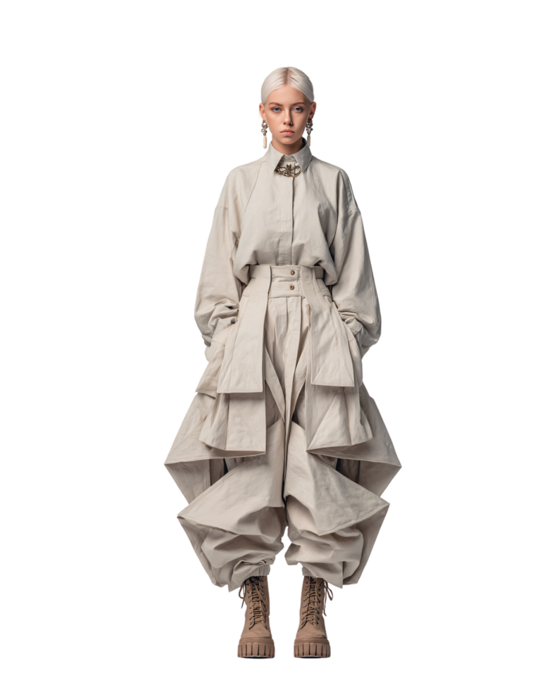 Elegant Woman in Fashionable High-Contrast Outfit with Unique Design png