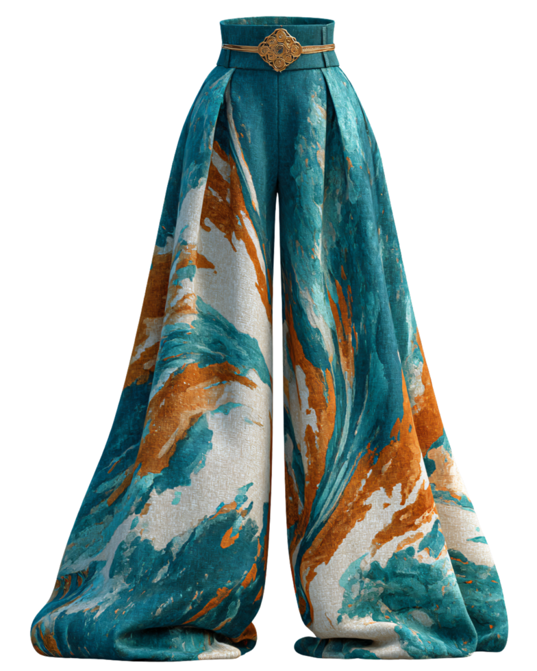 Elegant Flowing Fabric Trousers with Vibrant Abstract Pattern Design png