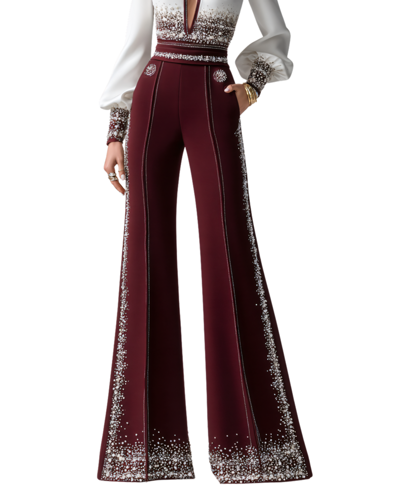 Elegant burgundy jumpsuit with intricate embellishments and sleeves png