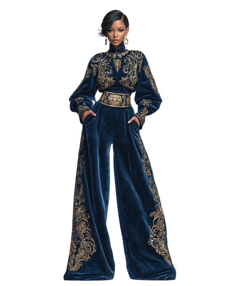 Elegant Female Model in Luxurious Blue Velvet Outfit with Gold Accents png