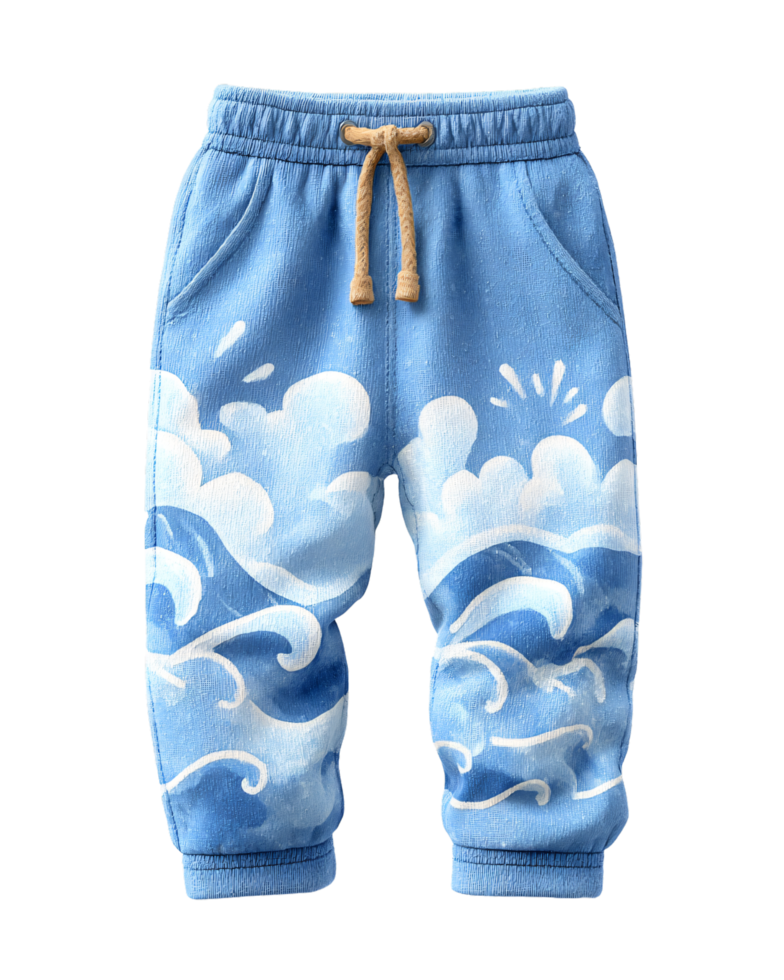 Hand-painted blue pants with ocean wave art design for children png
